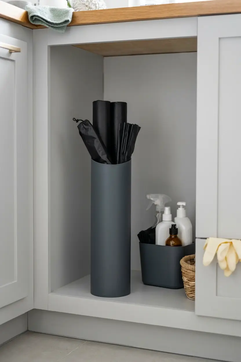 Tall black trash bag dispenser stored upright in an organized under-sink cabinet beside cleaning supplies.