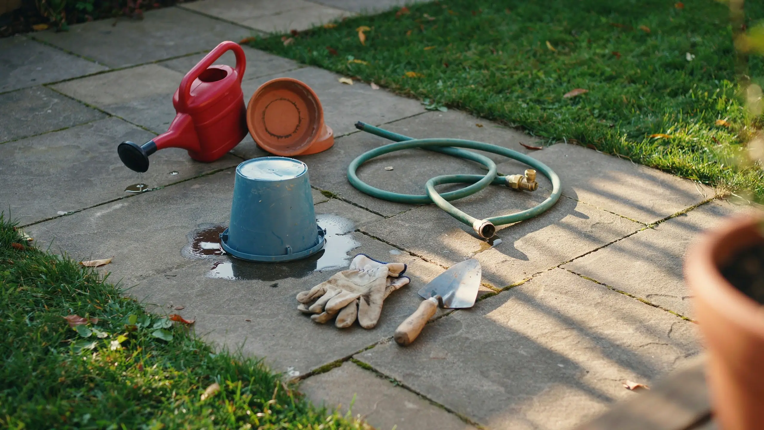 Gardening tools including a watering can, hose, and blue pot with standing water pooling on a paved patio. 