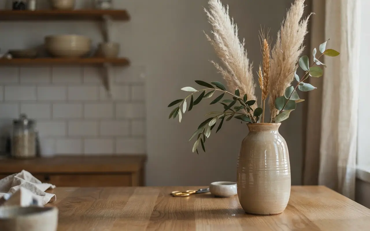 Ceramic statement vase with faux pampas and eucalyptus stems on a wooden kitchen table