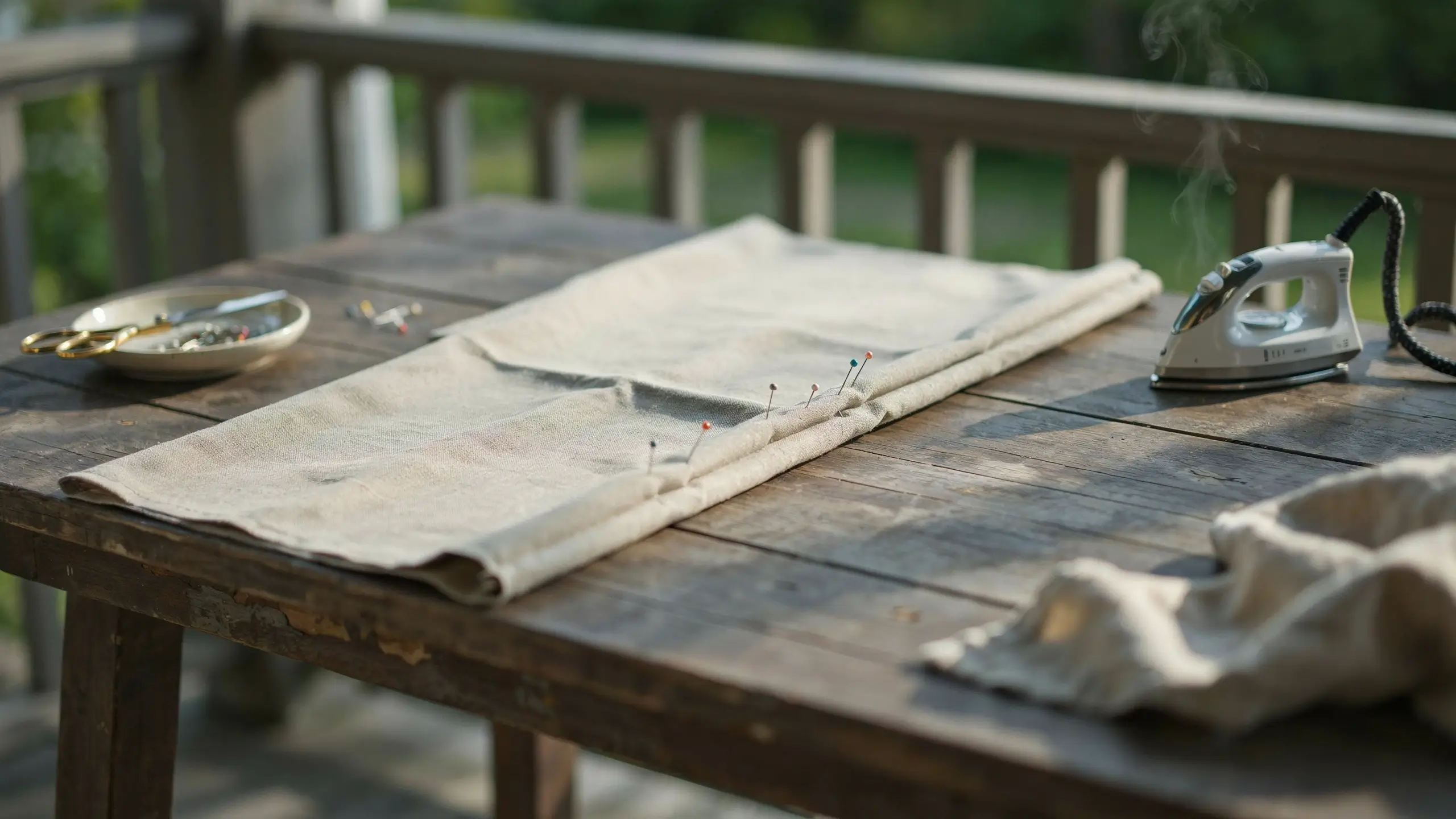 Natural linen fabric edge folded over and secured with colored sewing pins on a rustic wooden table, with a steaming white iron nearby for pressing the hem.
