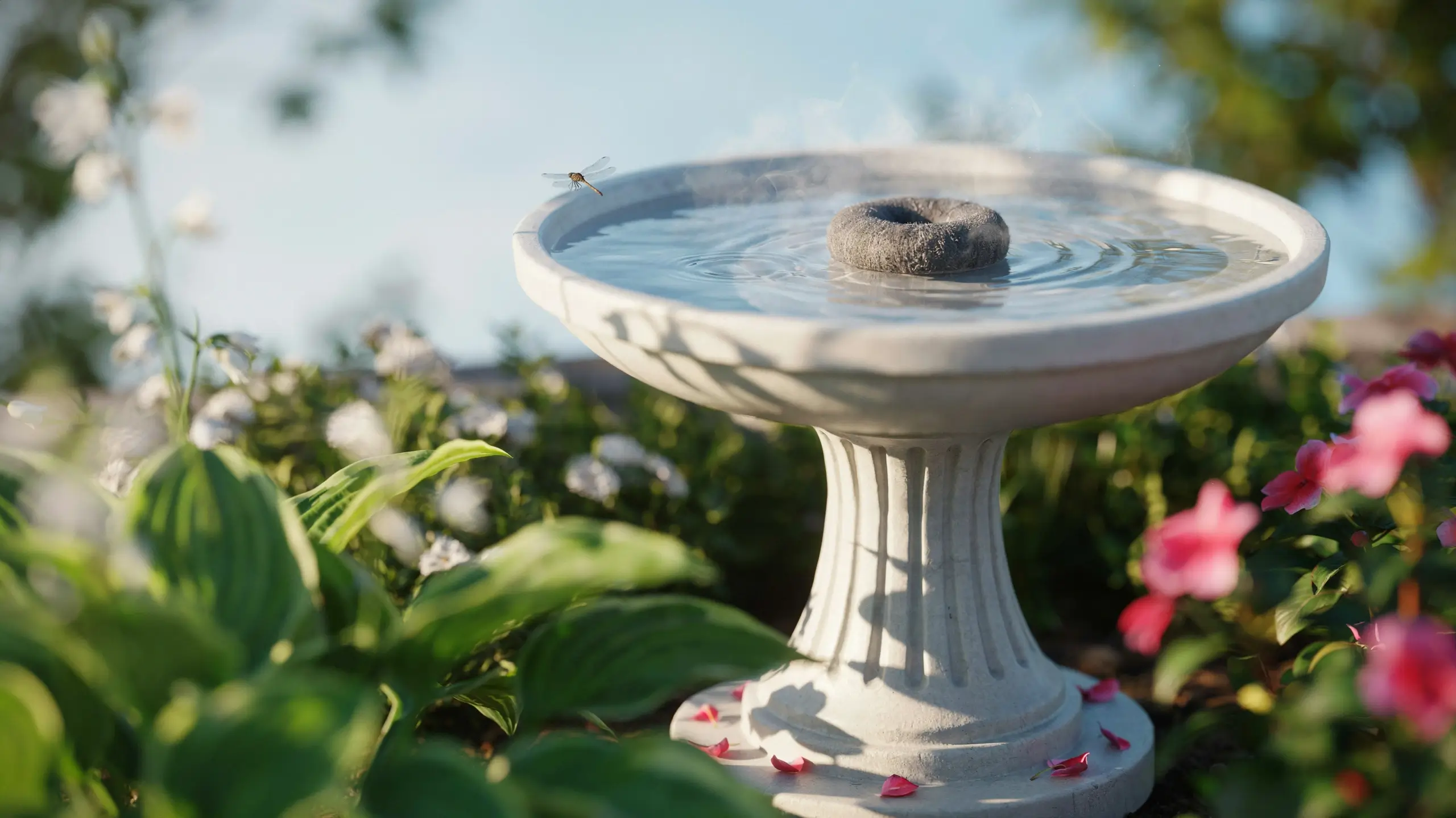 A gray stone birdbath with rippling water and subtle steam mist, featuring a donut-shaped rock and a hovering dragonfly, set among green hosta leaves and pink garden blooms. 