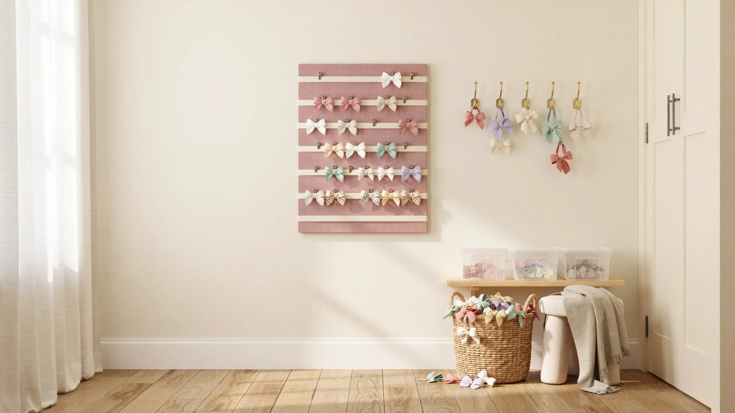 Alt Text: Finished hair bows organized on a wall display board, hooks, clear bins, and a woven storage basket.