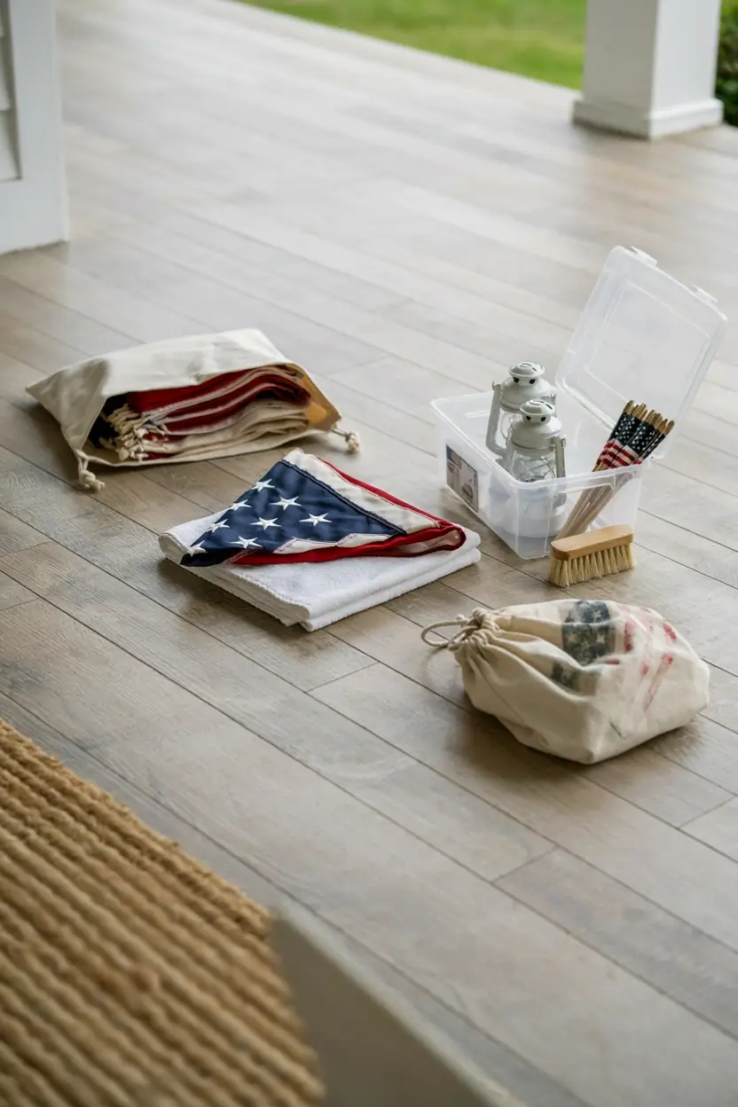 Folded American flag and July 4th decorations organized for storage on a porch floor.