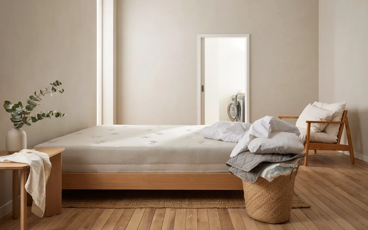 Alt Text: Bare mattress with sheets and bedding removed before deep cleaning