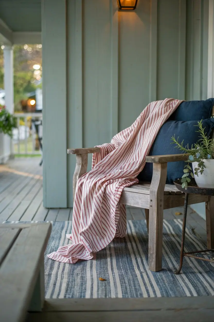 Red and white striped throw layered over a wooden porch chair with navy cushions.