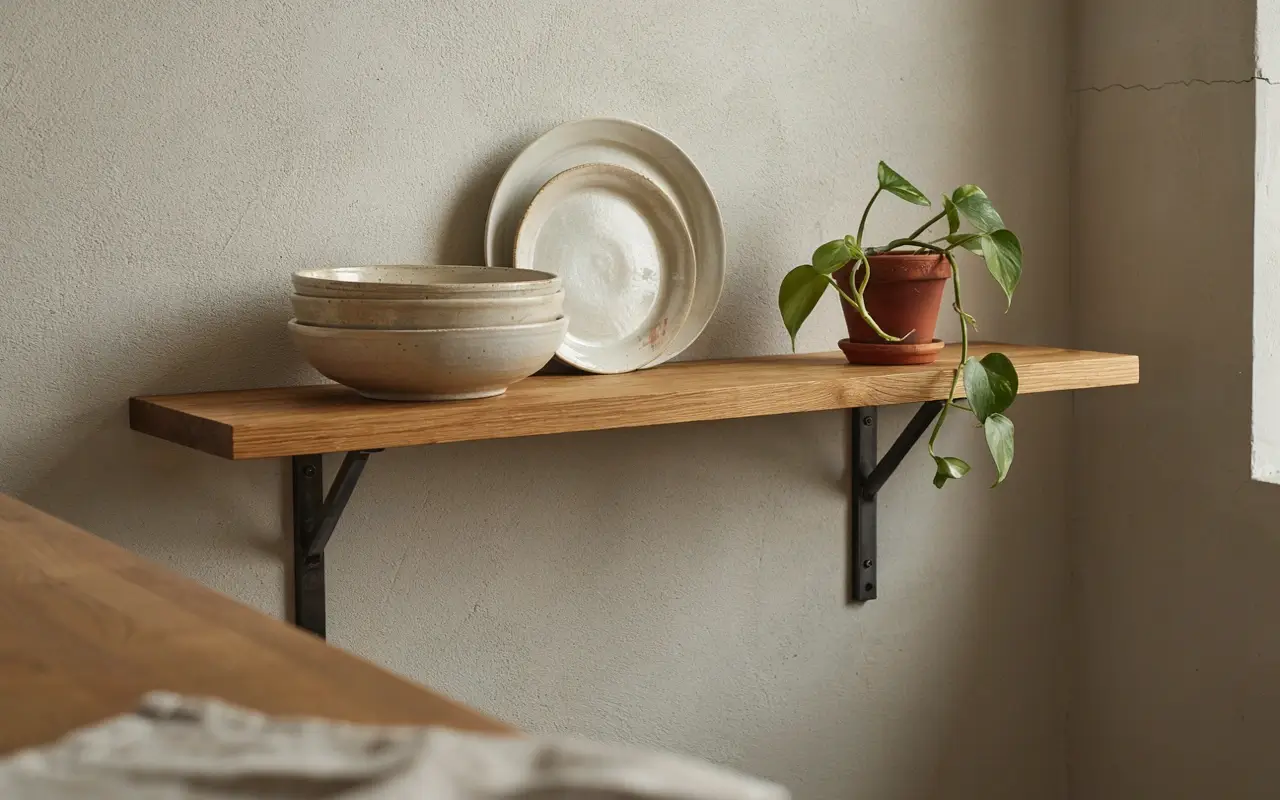Wooden kitchen shelf with black metal brackets, stoneware dishes, and a trailing plant mounted into studs.