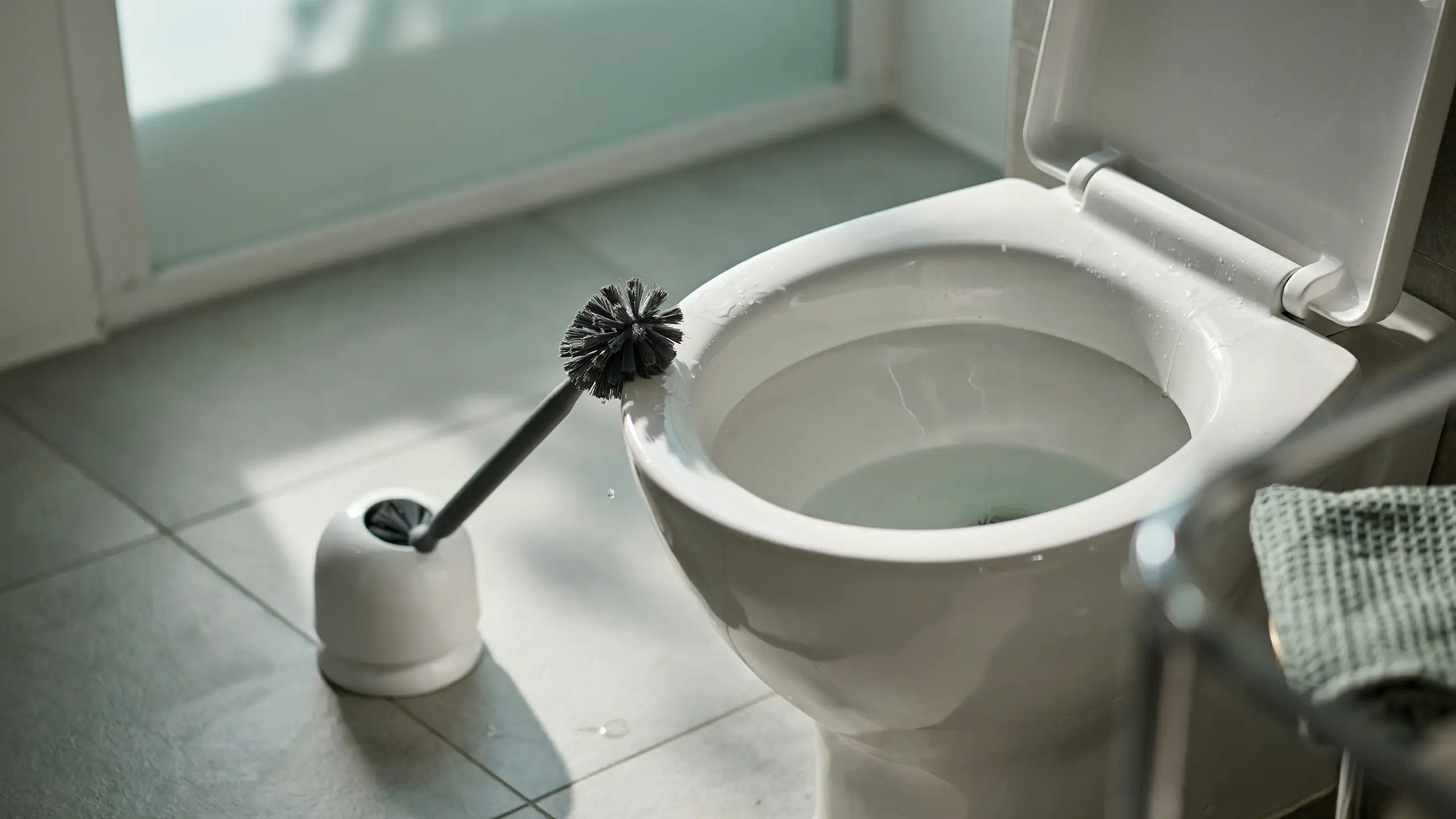 Sturdy black toilet brush resting in a white ceramic holder next to a clean, open toilet bowl in a sunlit bathroom.