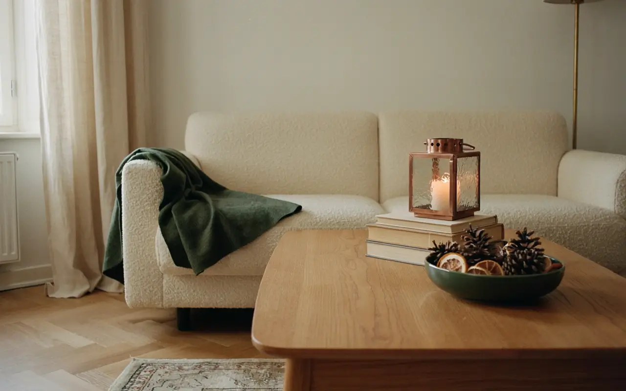 Styled wooden coffee table with books, candle lantern, pinecones, and dried orange slices in a cozy living room.