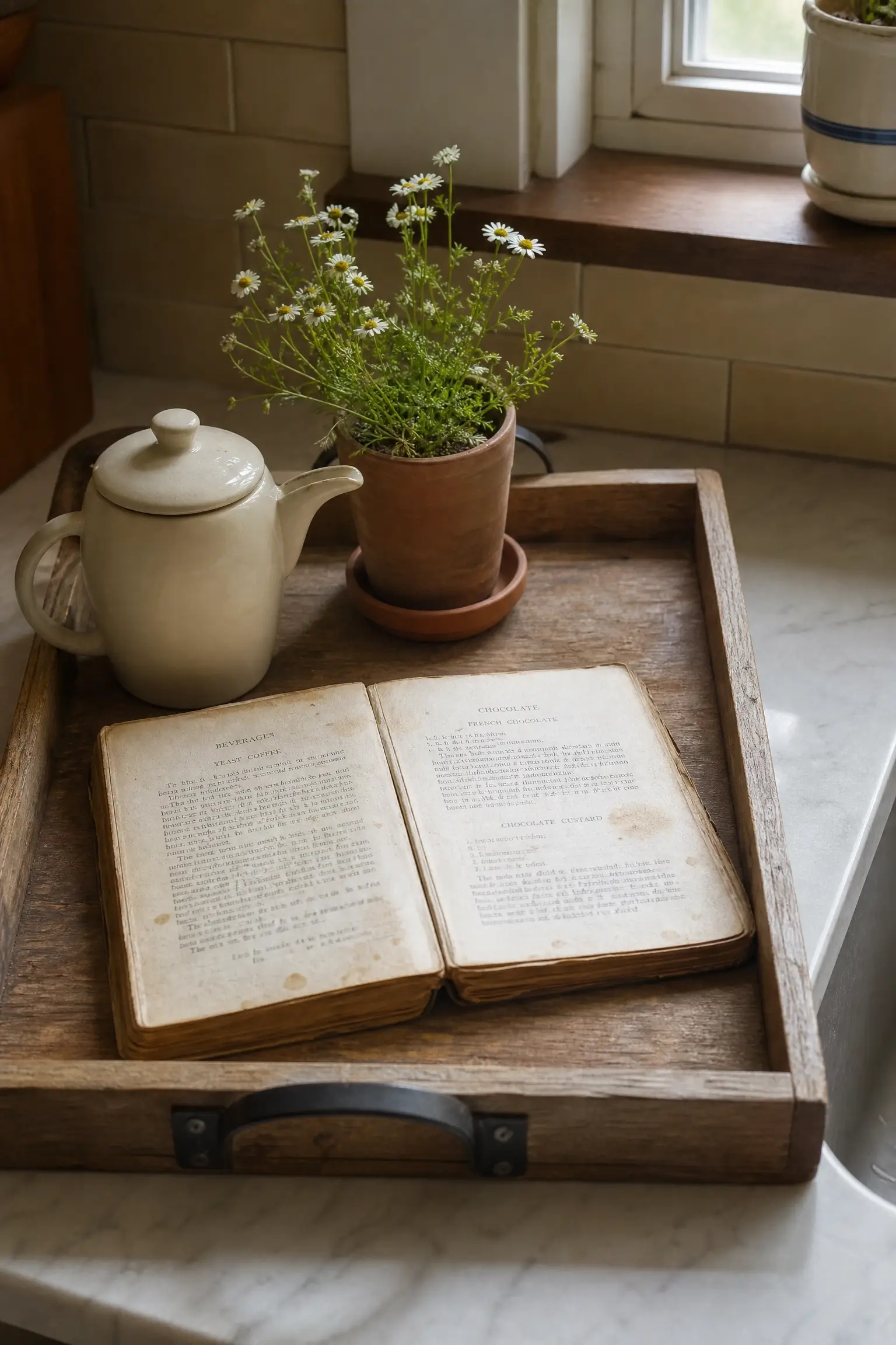 Wood tray with a cream teapot, potted daisies, and open vintage cookbook on a cottage kitchen counter.