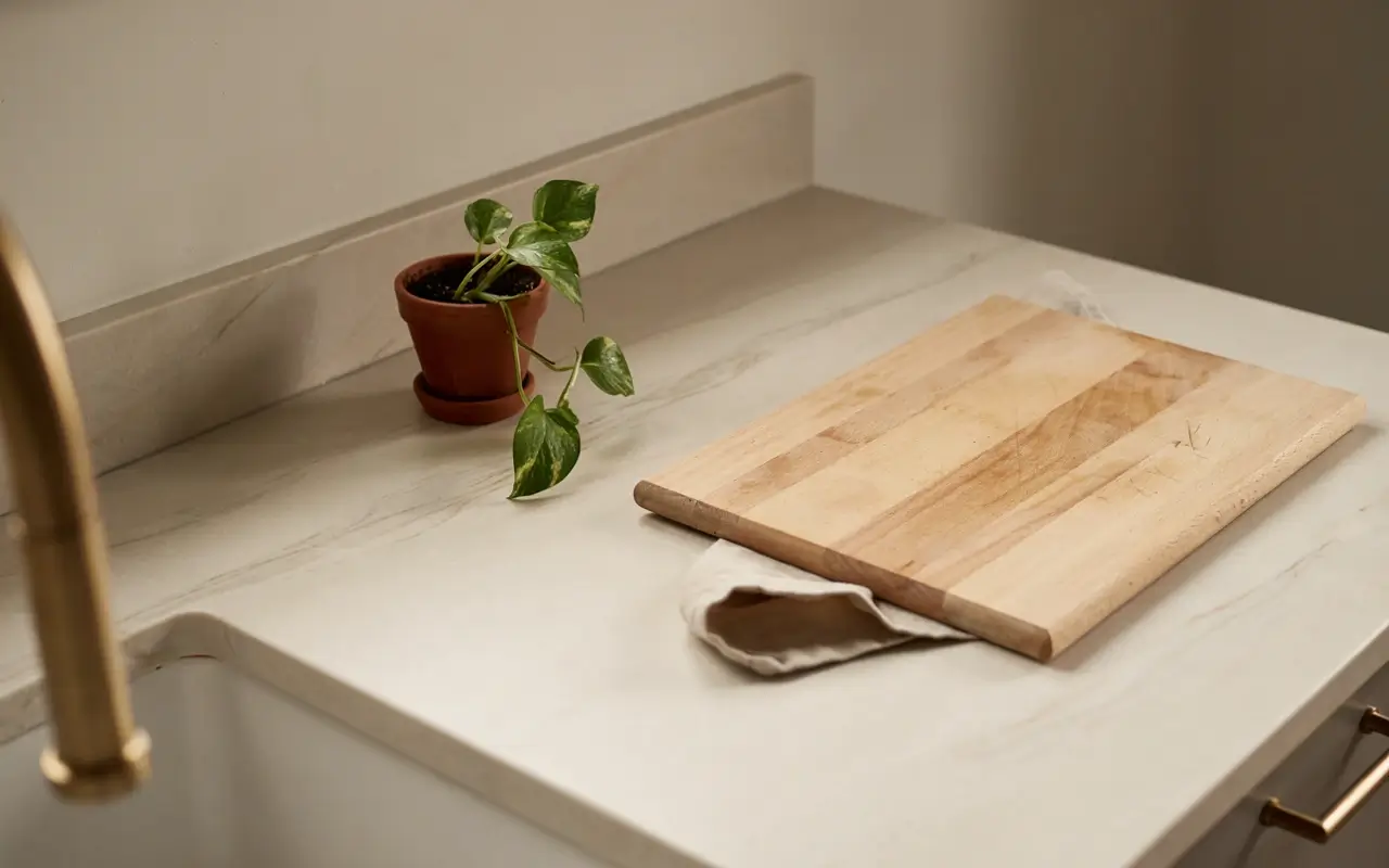 Engineered quartz countertop with subtle directional veining, wooden cutting board, and potted plant.