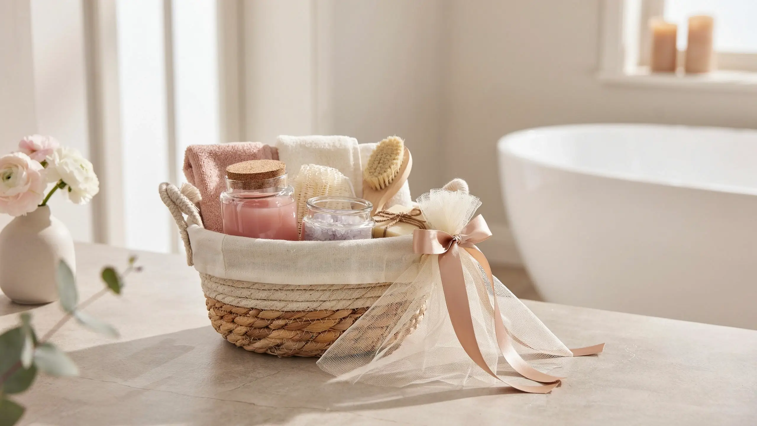 Sugar scrub and bath gift basket with towels, bath salts, soap, and a wooden body brush.