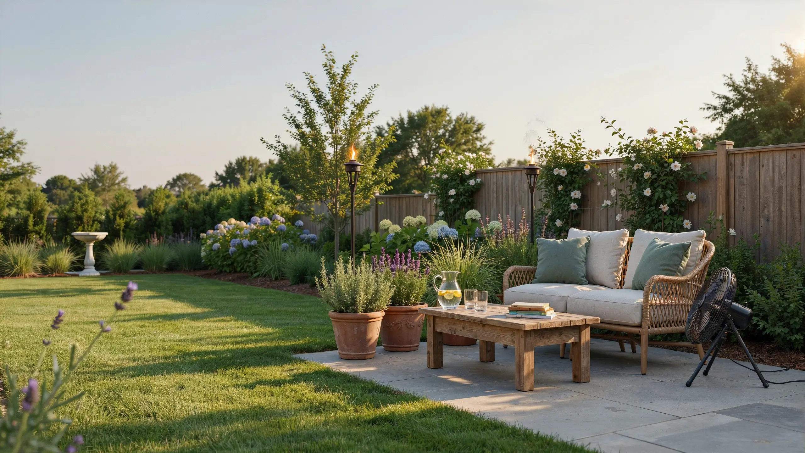 A cozy summer evening backyard patio featuring a comfortable wicker sofa with green cushions, a wooden coffee table holding a glass pitcher of lemon water and books, potted rosemary, lavender, and blooming hydrangeas, all set near a wooden privacy fence with lit tiki torches. 