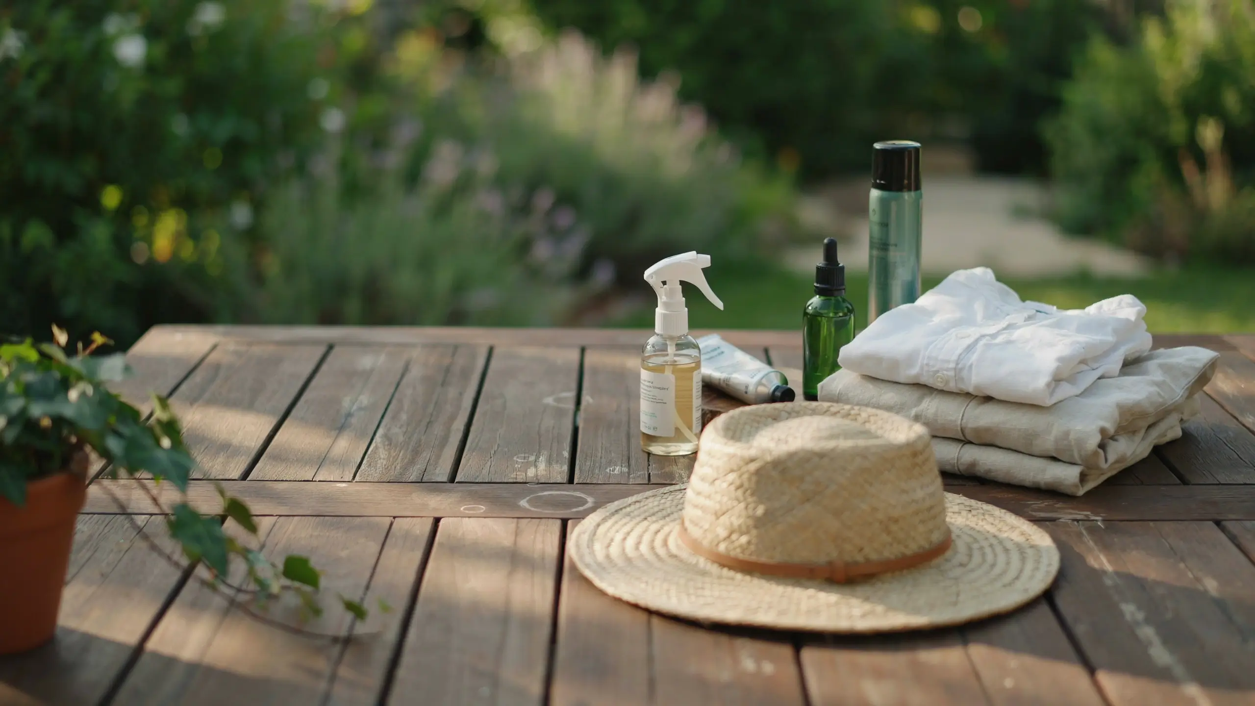 A wide-brimmed straw hat, folded white linen shirts, and a spray bottle of insect repellent with a green dropper bottle arranged on a rustic wooden garden table in a sunny outdoor setting. 