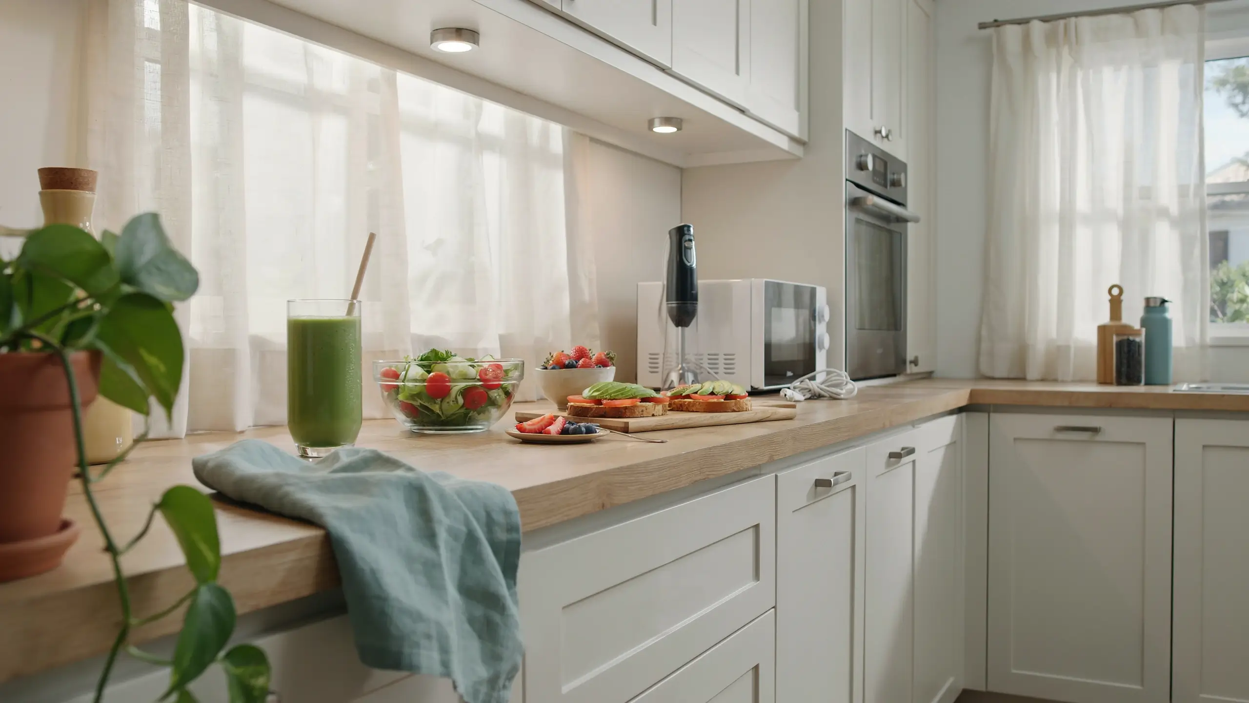 Fresh and vibrant no-cook summer breakfast spread featuring a green smoothie, avocado toast, radish salad, and fresh berries on a light wooden kitchen counter, styled with soft sheer curtains to illustrate a heat-free, refreshing morning meal. 