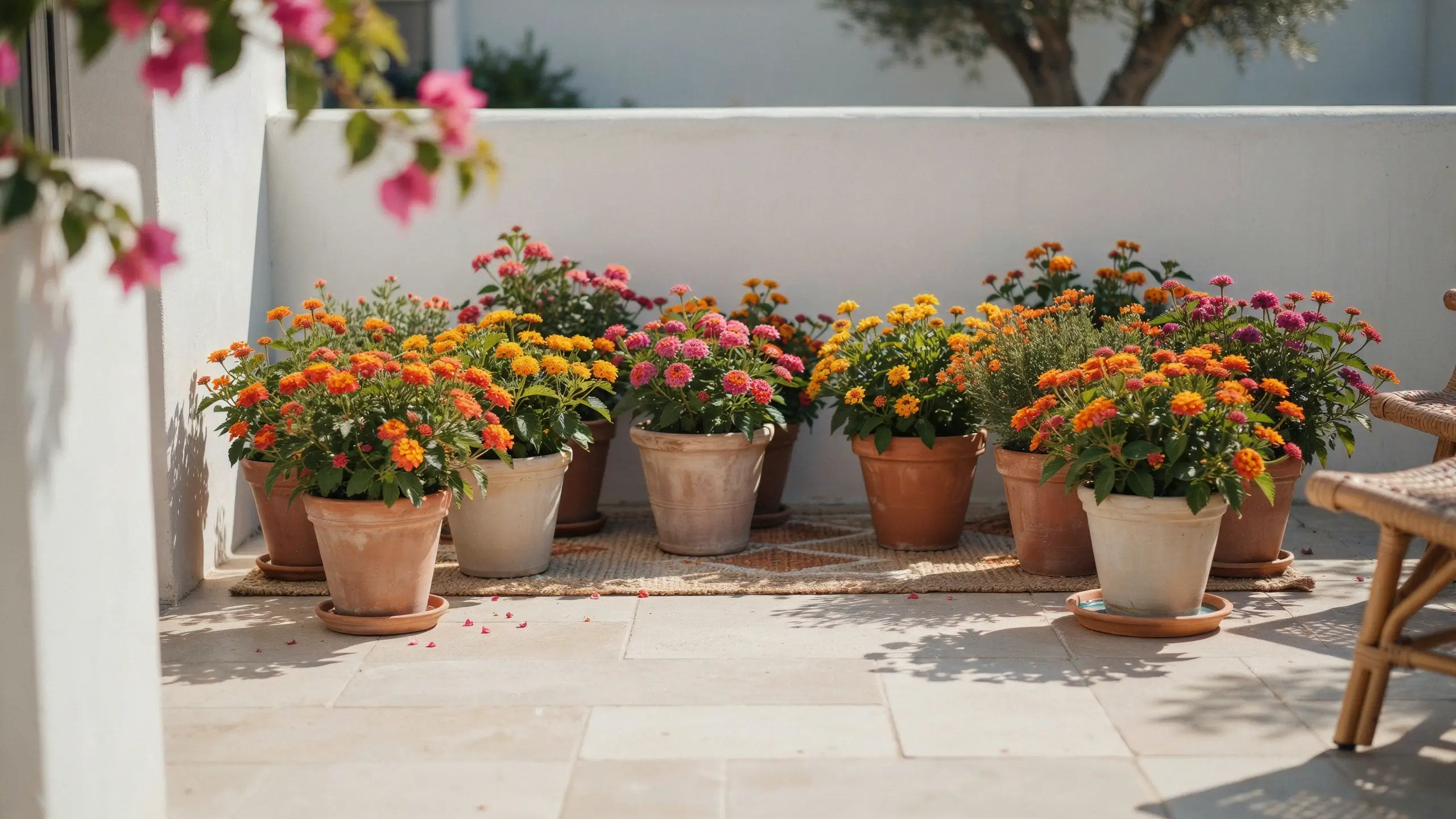 Vibrant pink, orange, and yellow potted lantana flowers displayed on a sunny patio with light stone flooring and a woven rug.