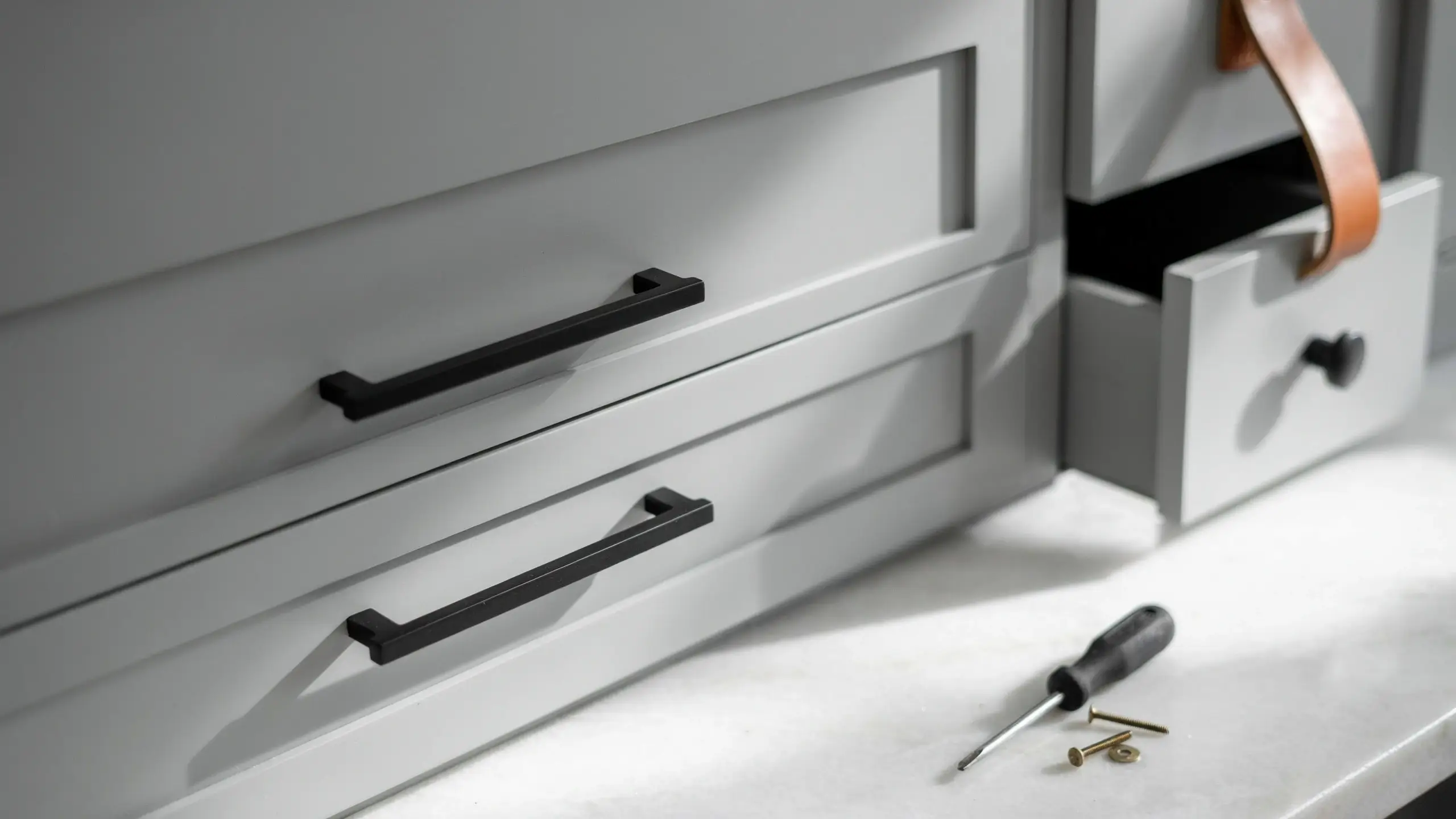 DIY campervan kitchen upgrade showing new black bar drawer pulls and a leather strap handle installed on grey cabinets, with a screwdriver and screws on the white countertop