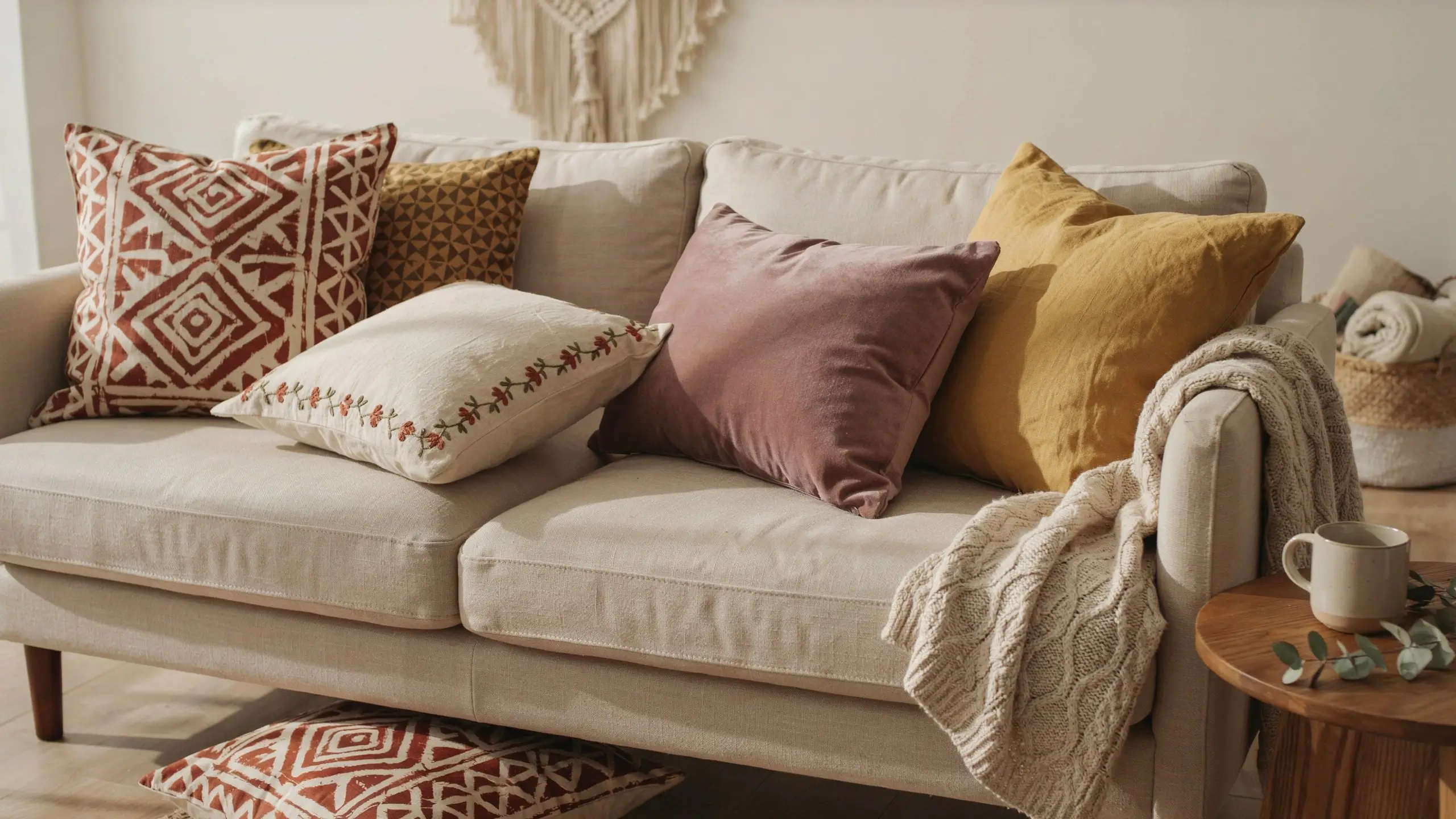 Beige sofa styled with rust, mustard, mauve, and embroidered pillow covers in a cozy boho living room.