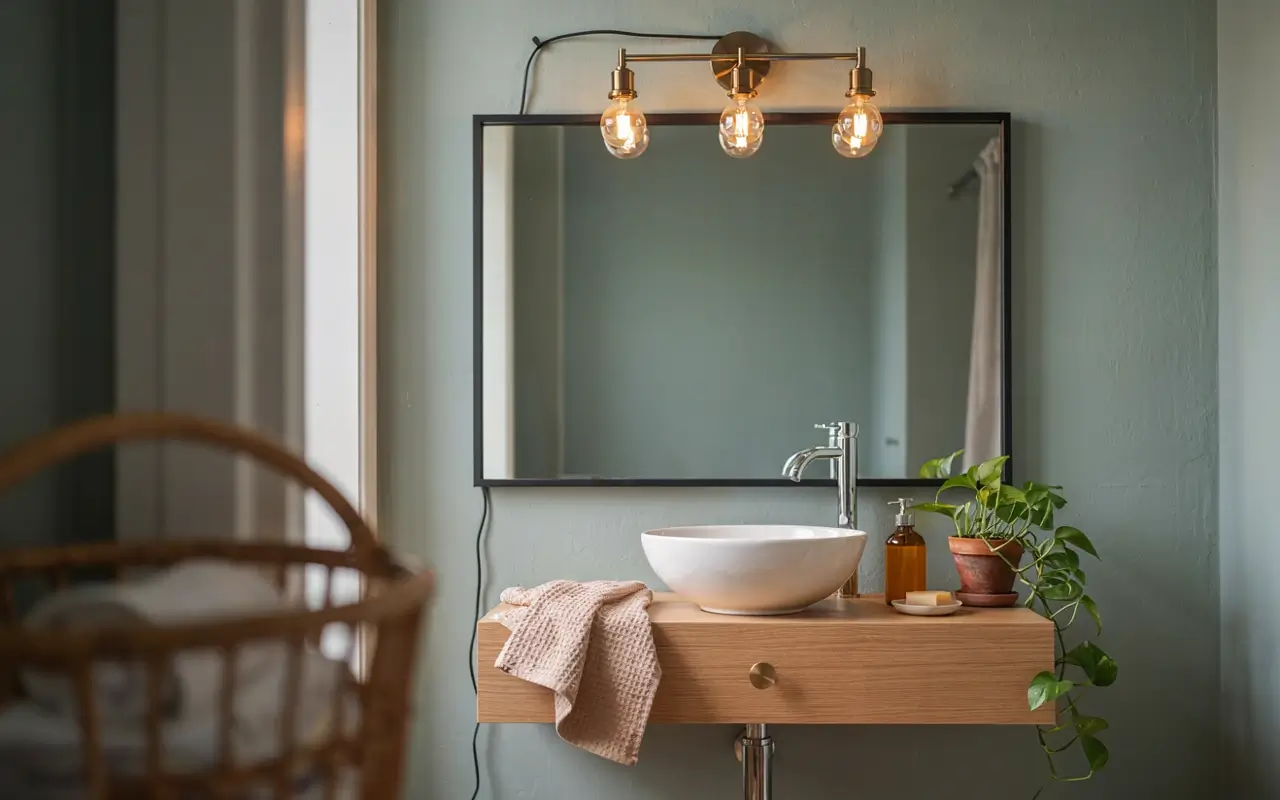 Modern bathroom vanity with a brass light fixture above a black-framed mirror and vessel sink.