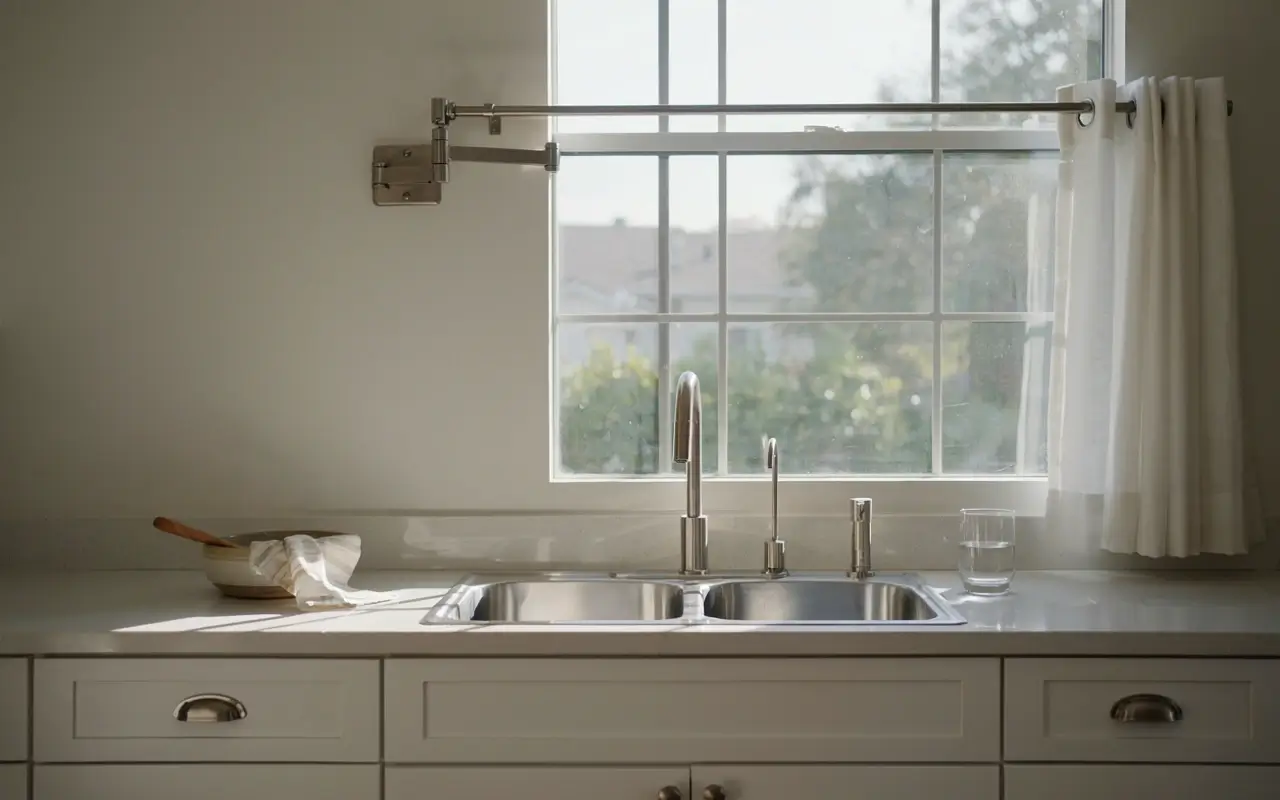 Swing-arm rod holds a white curtain aside beside a bright kitchen sink window for easier dishwashing