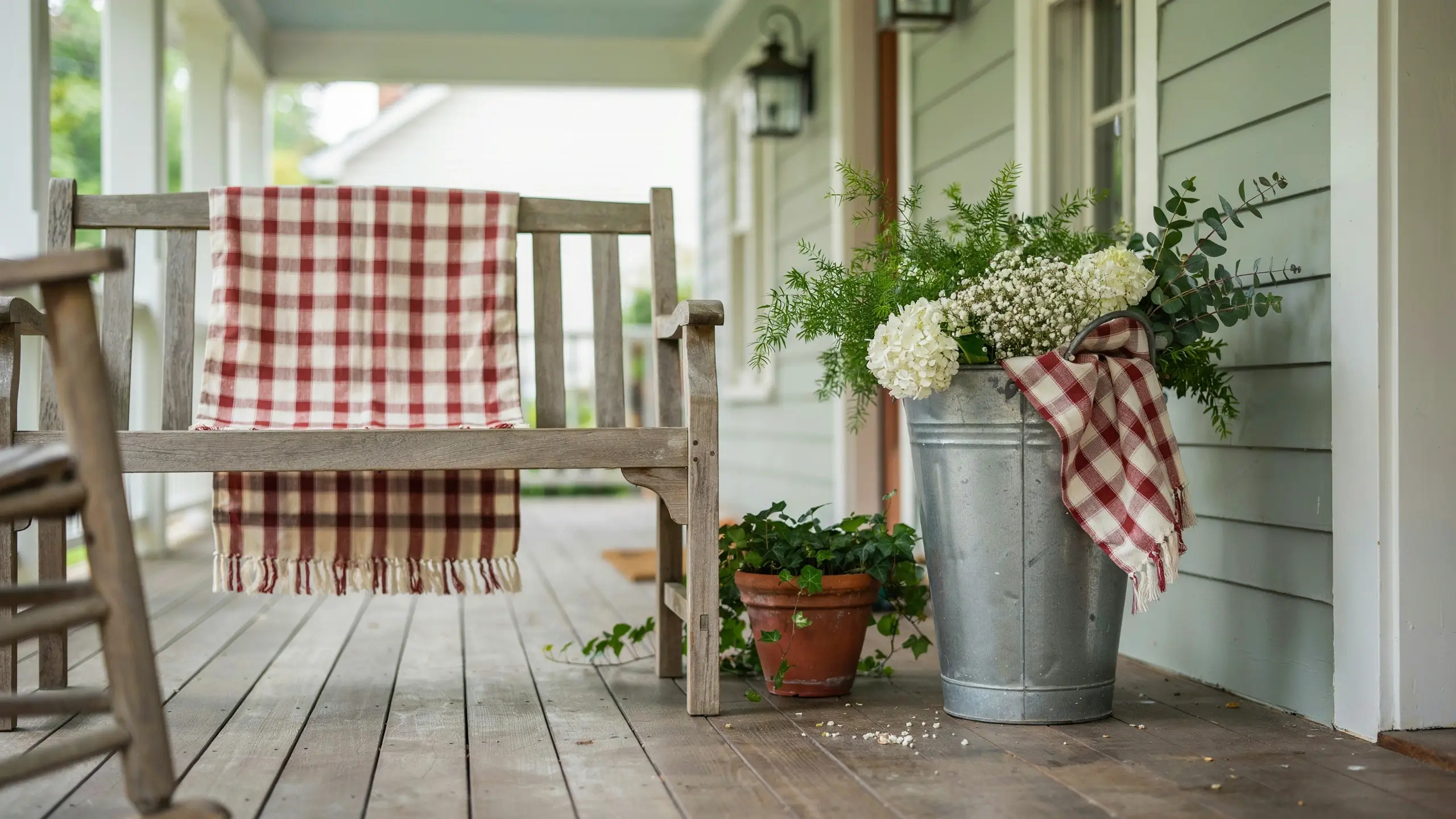 Red gingham table runner draped over a rustic porch chair beside a galvanized bucket of white flowers.