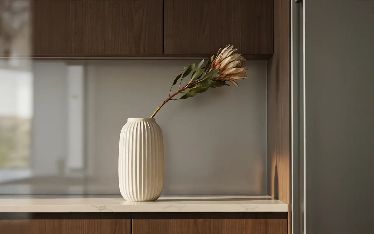 Tall ribbed ceramic vase holding one dramatic flower stem on a kitchen counter.