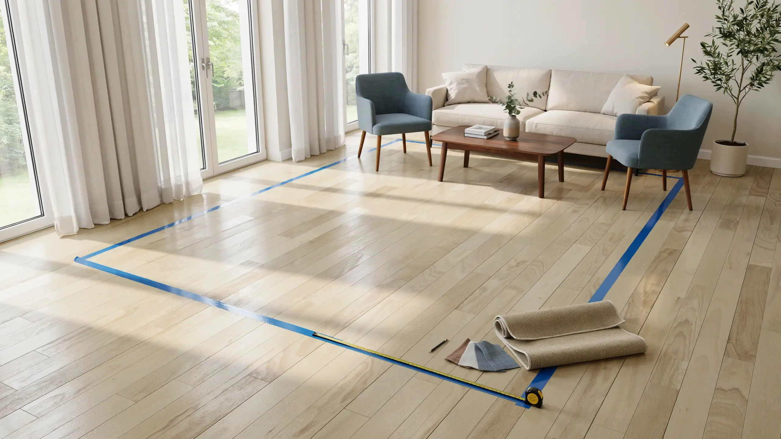 Blue painter’s tape outlines a rug size on a wood living room floor before purchase.