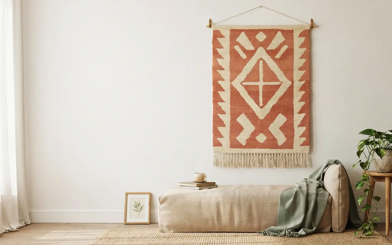 Boho fabric tapestry hanging above a bench in a neutral rental room as renter-friendly wall art decor