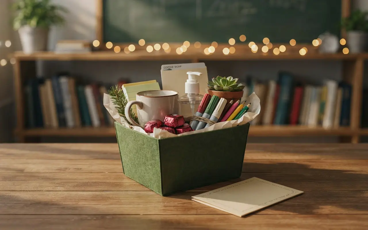 Teacher appreciation gift basket with a mug, markers, chocolates, hand sanitizer, notes, and a small succulent.