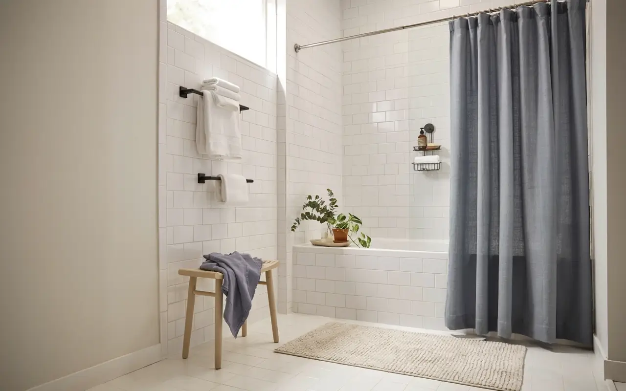 White tile rental bathroom with gray shower curtain, bath mat, adhesive towel bars, and tension-mounted shower rod.
