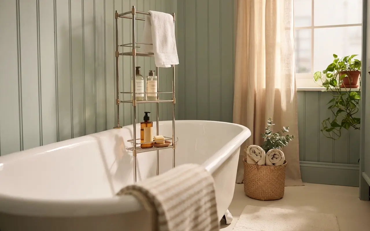 Tension pole shower caddy beside a bathtub with towels, soaps, and warm natural bathroom decor.