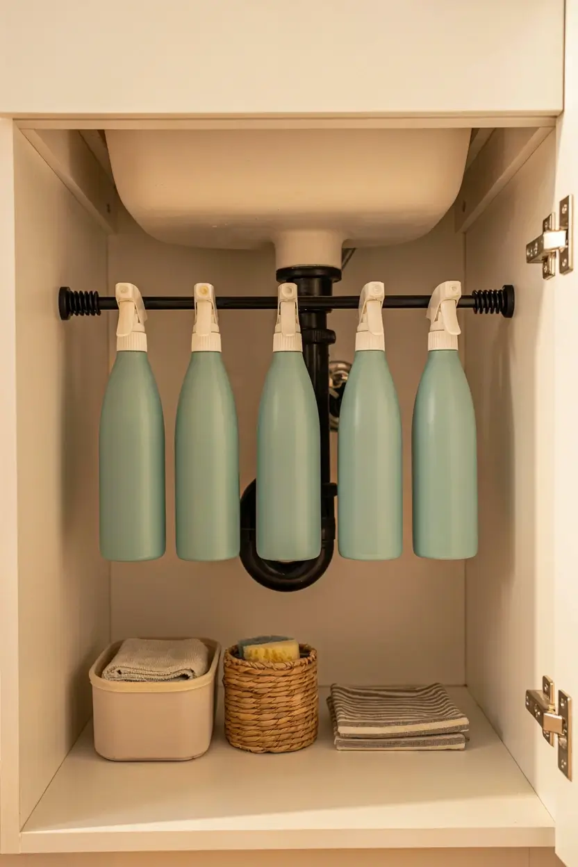 Spray bottles hanging from a tension rod under the kitchen sink with cleaning cloths and baskets below.