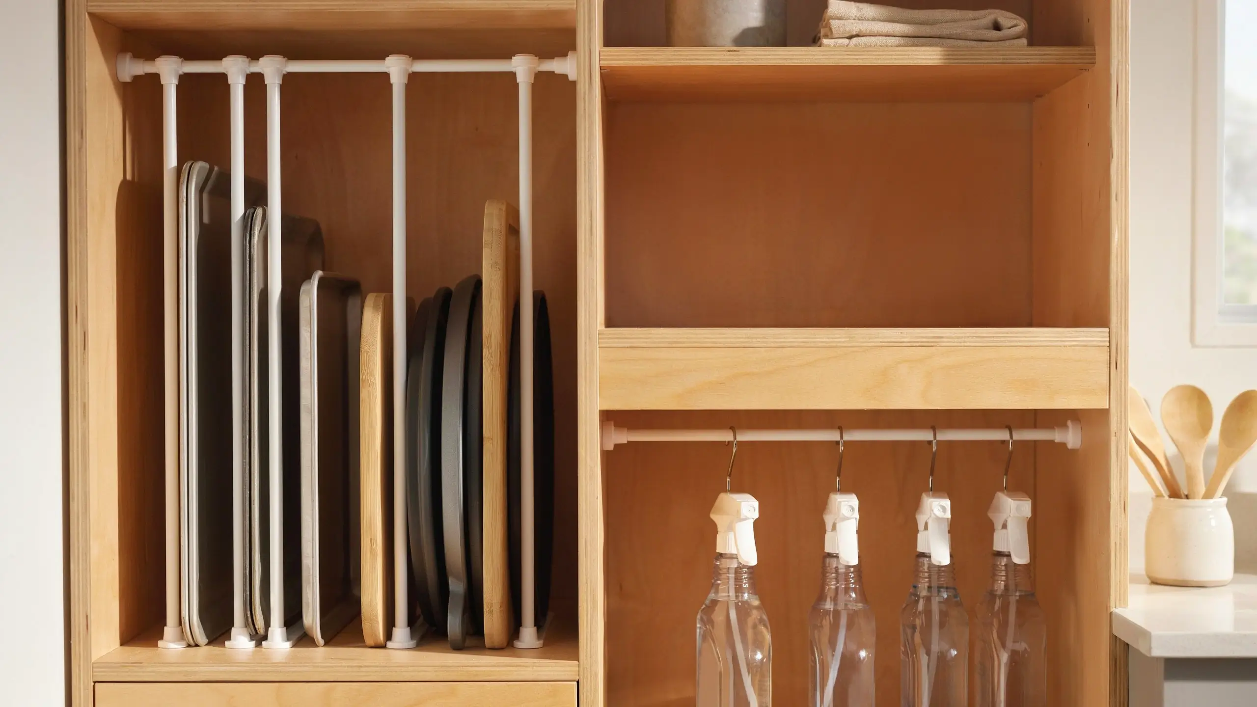 Light wood kitchen cabinet utilizing white tension rods to vertically hold baking sheets and hang glass spray bottles with S-hooks. 