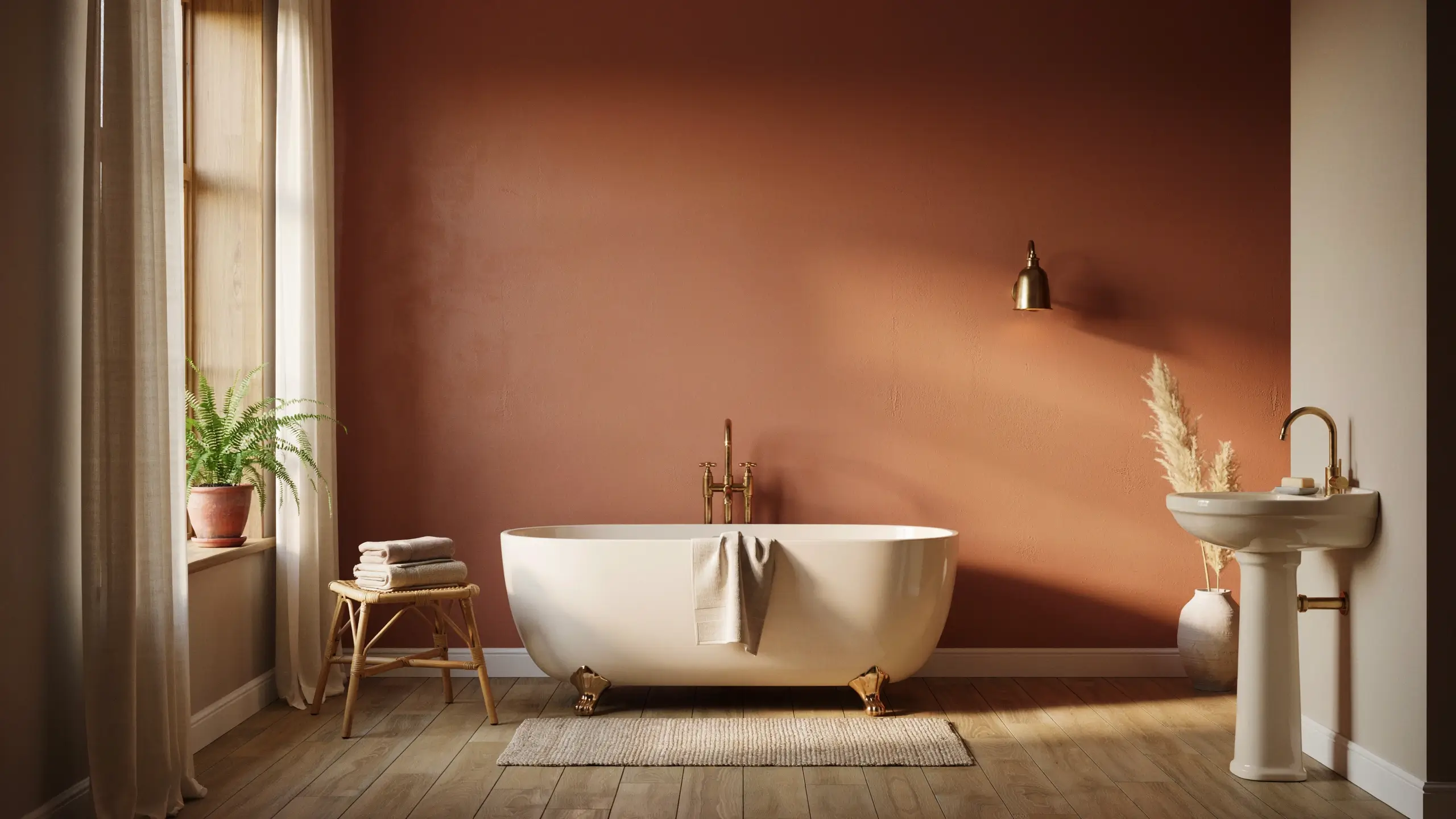 Warm terracotta accent wall bathroom with a white freestanding clawfoot bathtub, brass faucet and wall sconce, bamboo towel stool, wooden floors, and a window featuring sheer linen curtains and a green fern.