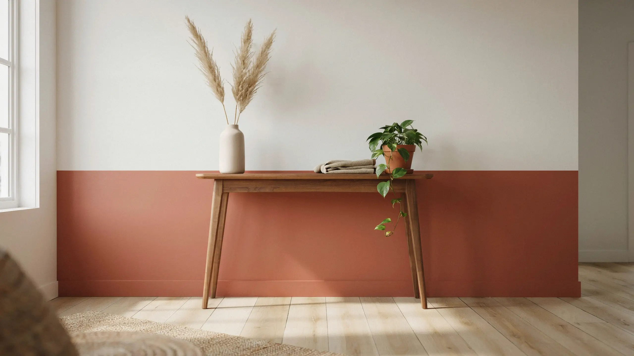 Terracotta and white color-blocked wall behind a wooden console table holding a ceramic vase with pampas grass, folded linen cloth, and a trailing green pothos plant in a sunlit minimalist interior. 