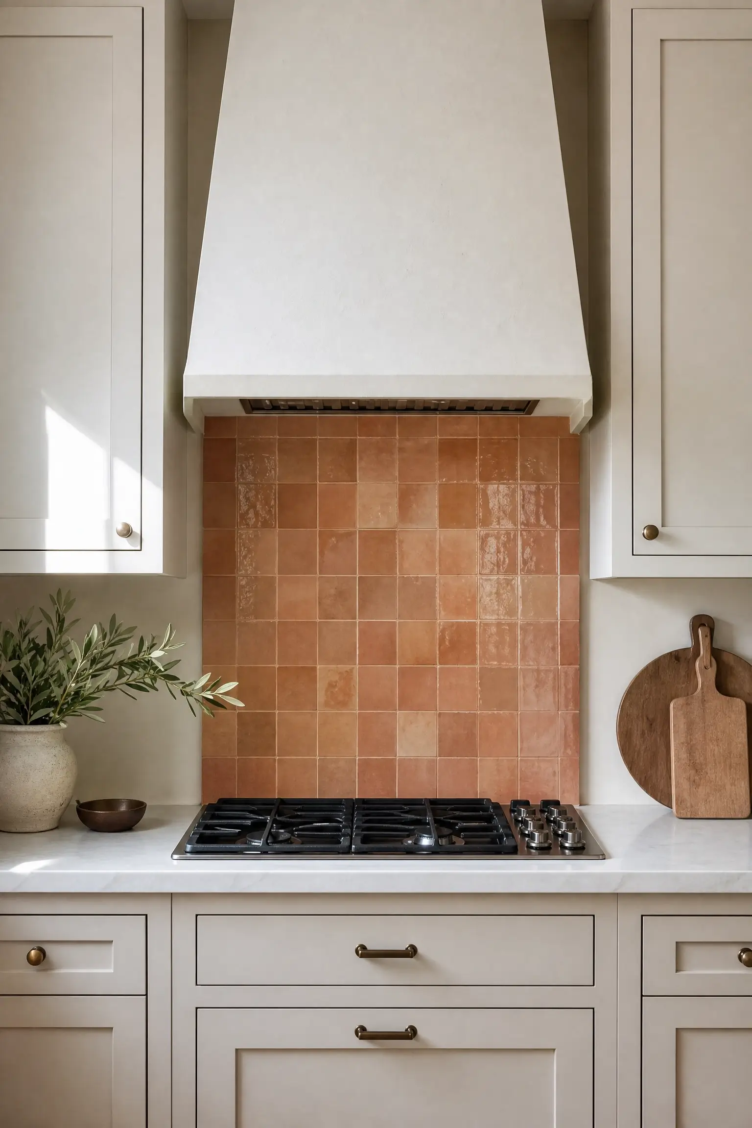 Terracotta zellige tile backsplash behind a white range hood in a simple cream kitchen.