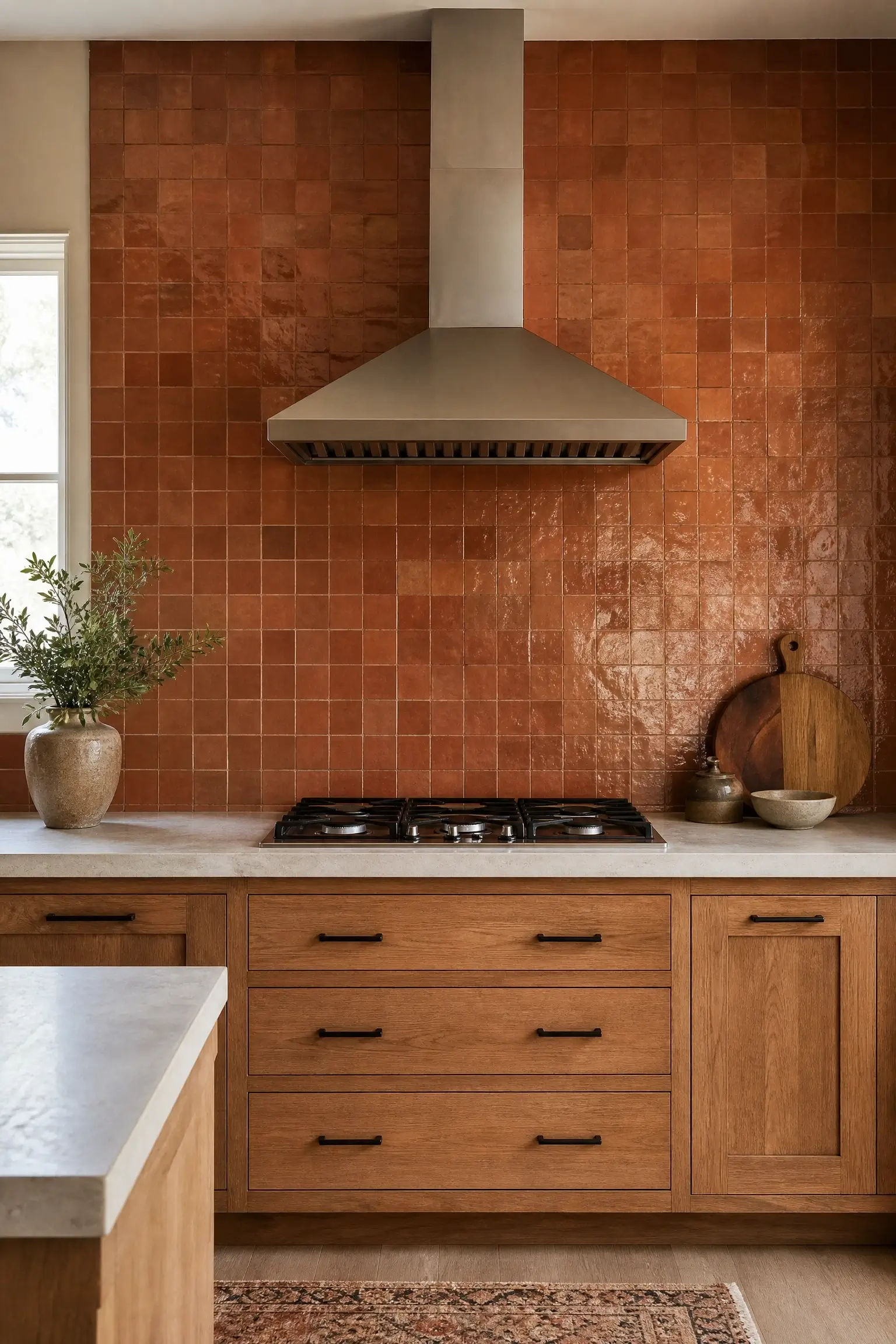 Terracotta zellige tile runs from counter to ceiling behind a stove with wood cabinets and stainless hood.