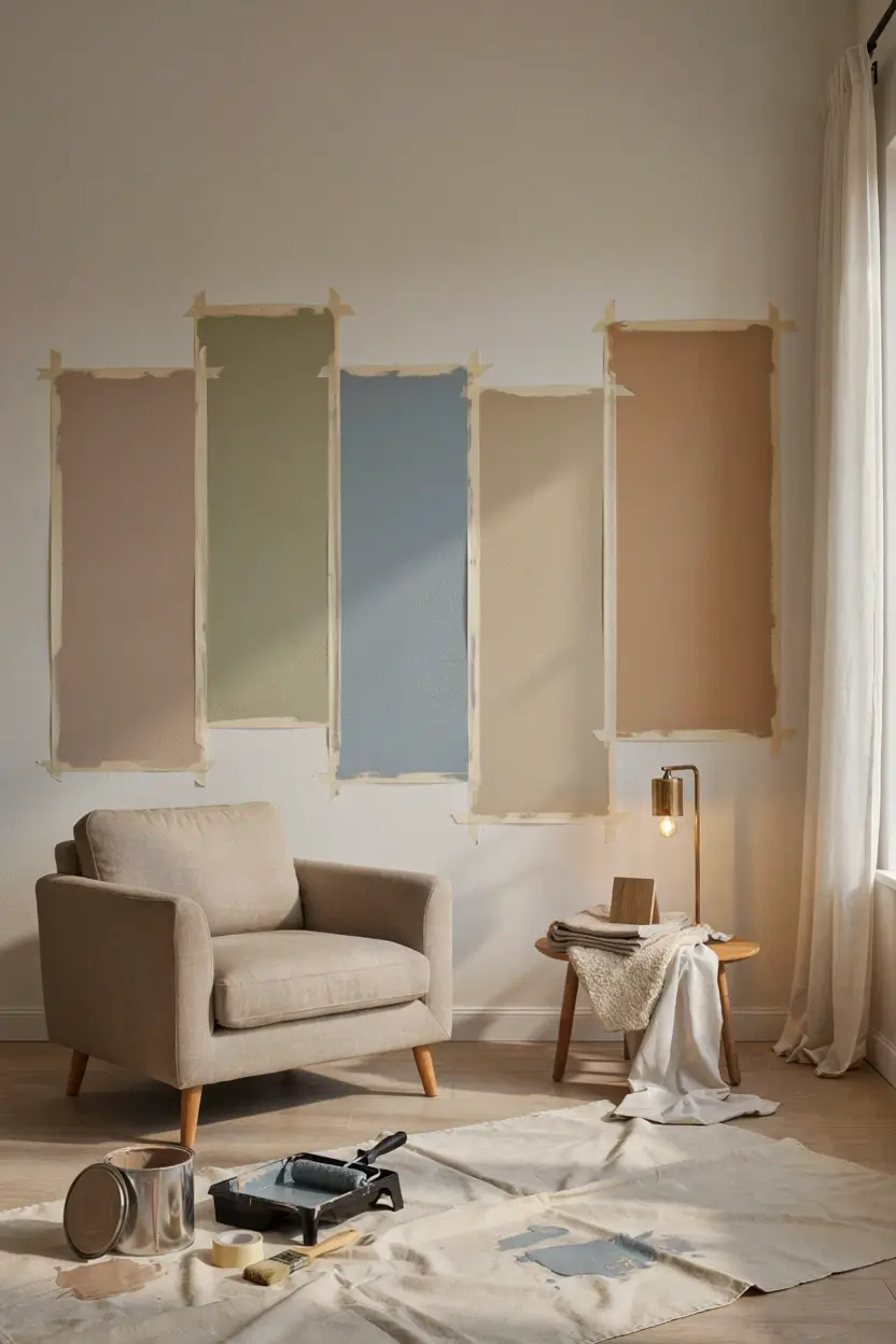 Testing neutral paint swatches on a living room wall before choosing furniture.