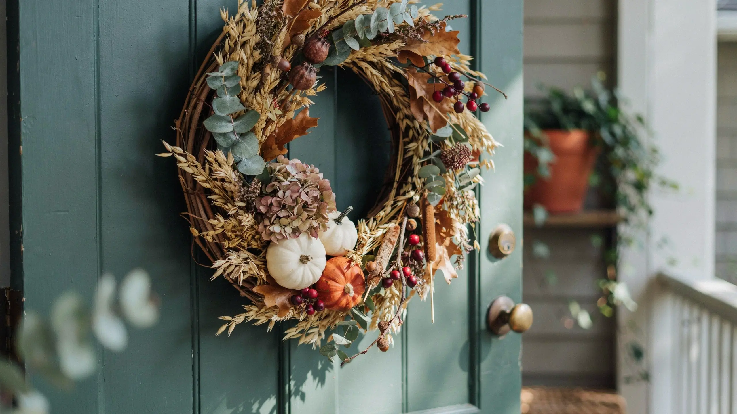 Textured autumn wreath with mini pumpkins, dried wheat, eucalyptus and red berries on a green front door.