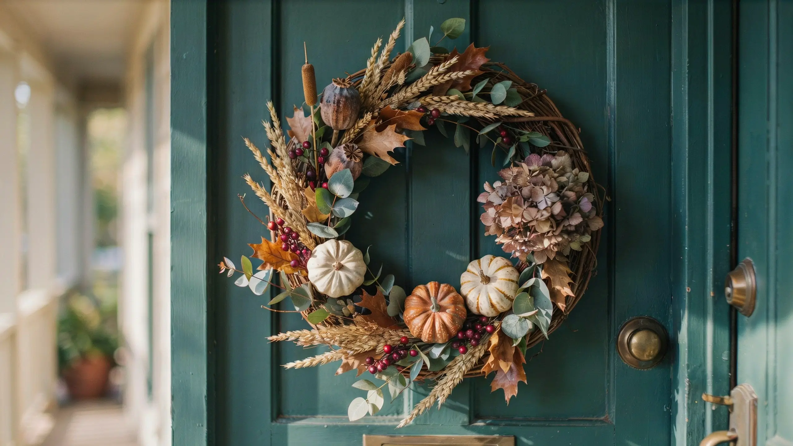 Textured fall wreath with pumpkins, wheat, eucalyptus, berries, oak leaves, and dried hydrangea on a teal front door