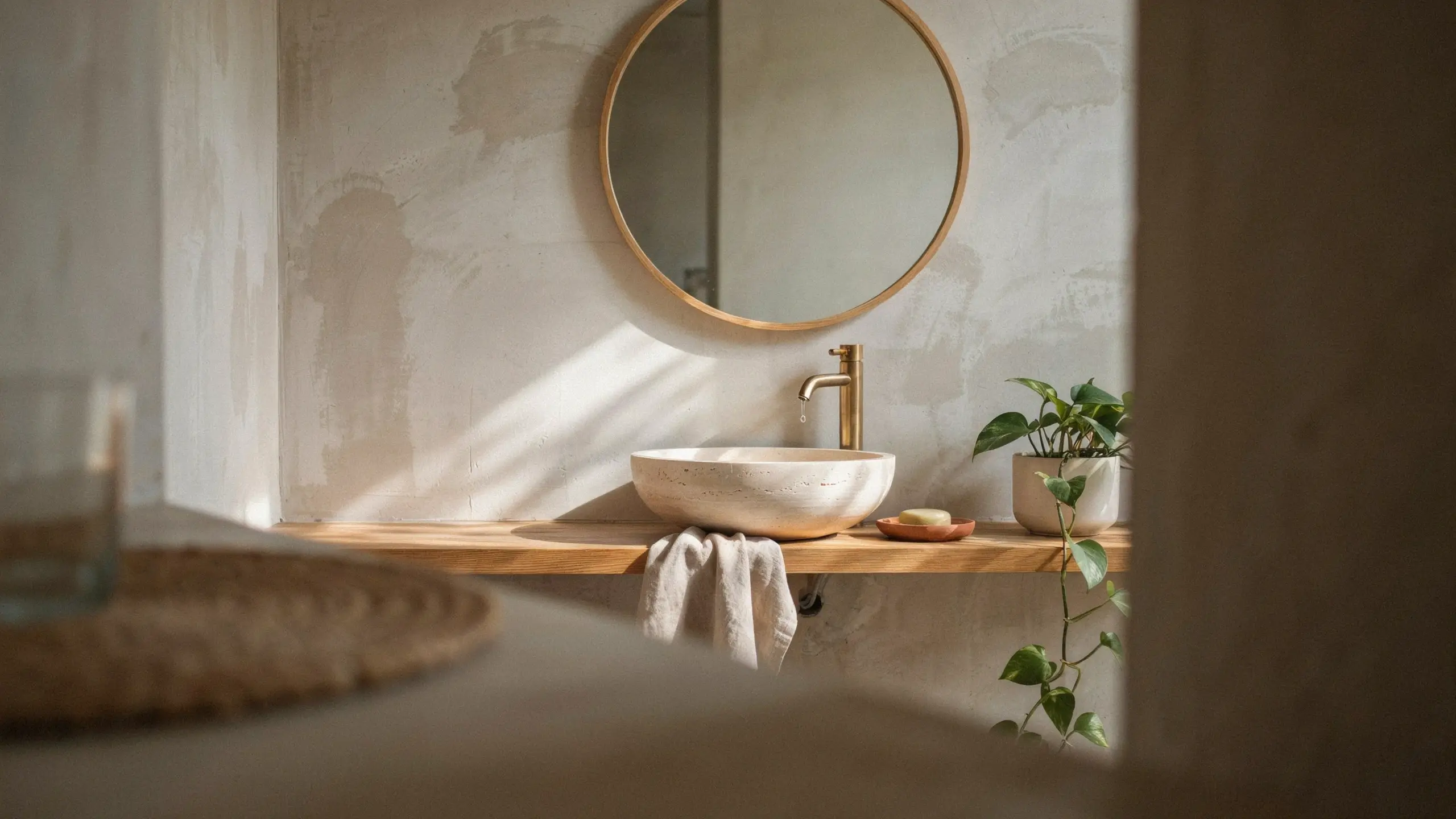 Minimalist bathroom vanity with textured beige limewash or Venetian plaster walls, round oak-framed mirror, brushed gold faucet, white stone vessel sink on a wooden floating shelf, white cotton towel, and a trailing pothos plant bathed in warm sunlight.