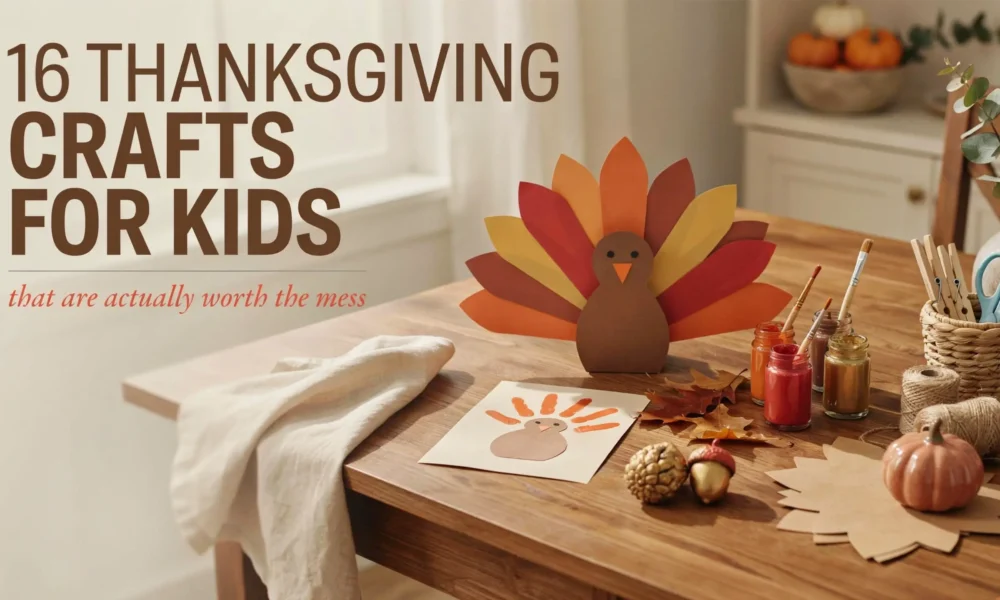 Wooden table displaying Thanksgiving crafts for kids, including a colorful paper turkey decoration, paint jars, brushes, handprint turkey paper, and small pumpkins with a cozy autumn room background