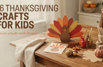 Wooden table displaying Thanksgiving crafts for kids, including a colorful paper turkey decoration, paint jars, brushes, handprint turkey paper, and small pumpkins with a cozy autumn room background