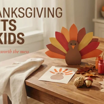 Wooden table displaying Thanksgiving crafts for kids, including a colorful paper turkey decoration, paint jars, brushes, handprint turkey paper, and small pumpkins with a cozy autumn room background