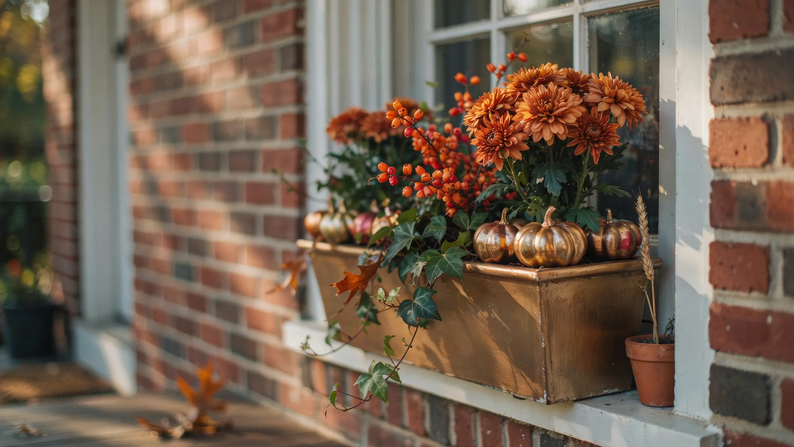 A rustic brick window box featuring orange autumn mums, red winterberry sprigs, and glowing metallic copper pumpkins, styled on a porch for Thanksgiving harvest decor.