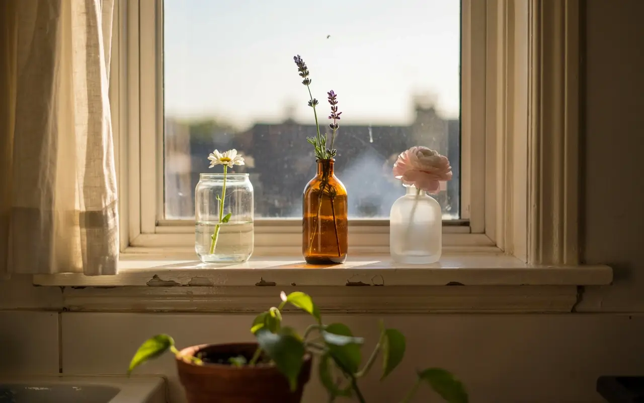 Three small bud vases with flowers on a sunny kitchen windowsill catching warm natural light.