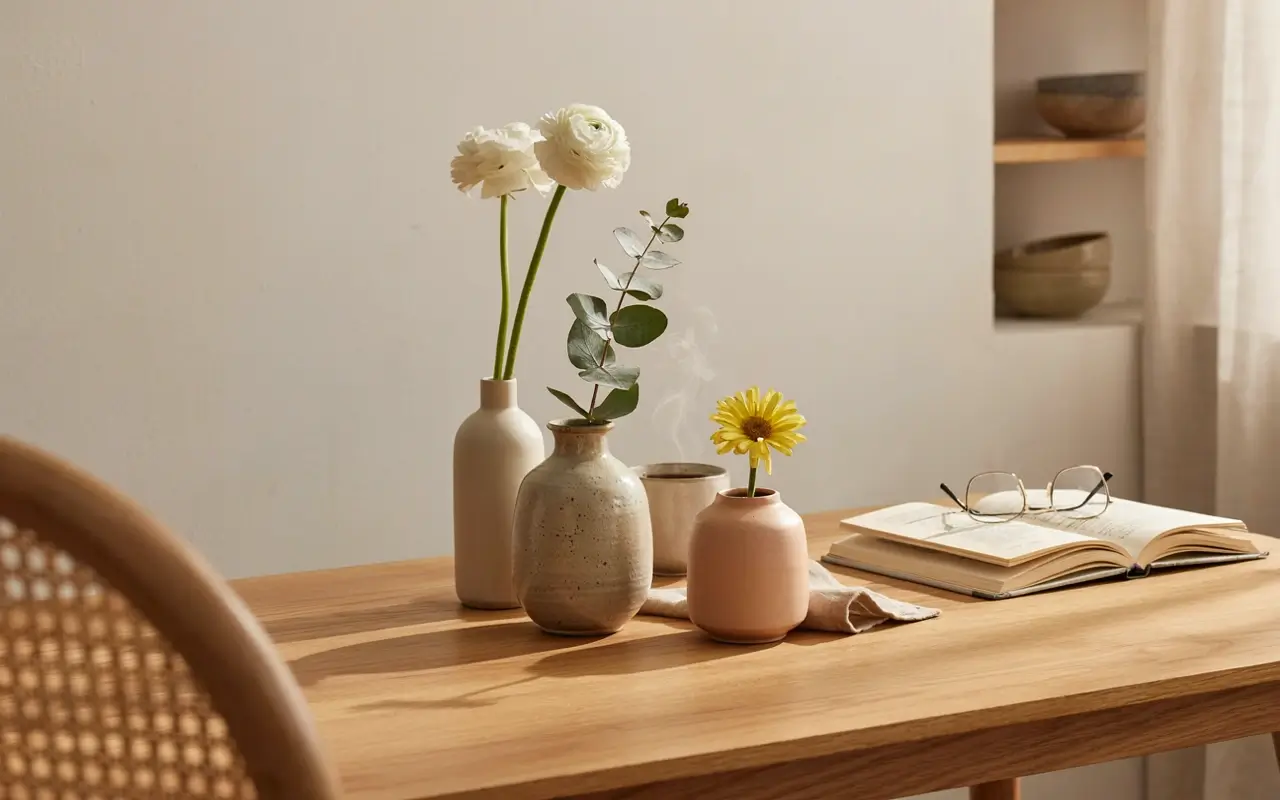 Three bud vases with white and yellow flowers styled on a wooden table beside an open book.