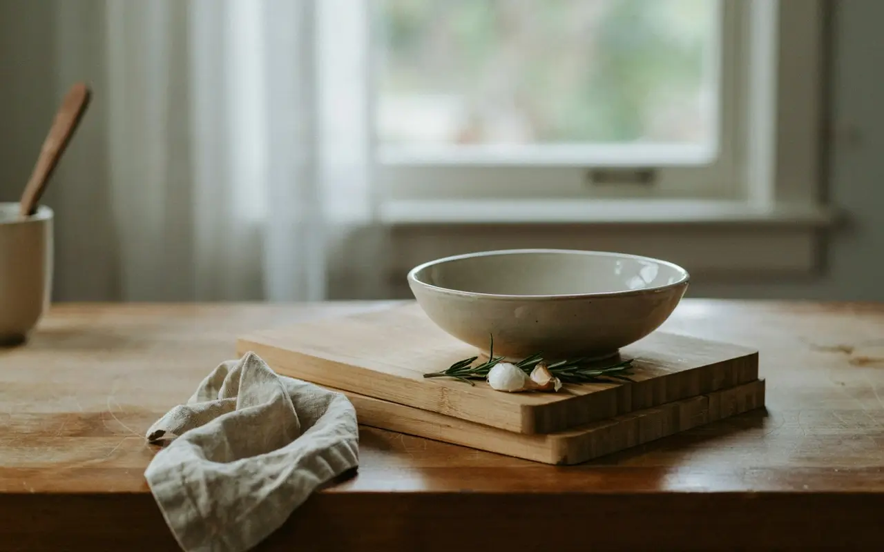 Ceramic bowl on stacked thrifted cutting boards with herbs and garlic on a rustic wooden table.