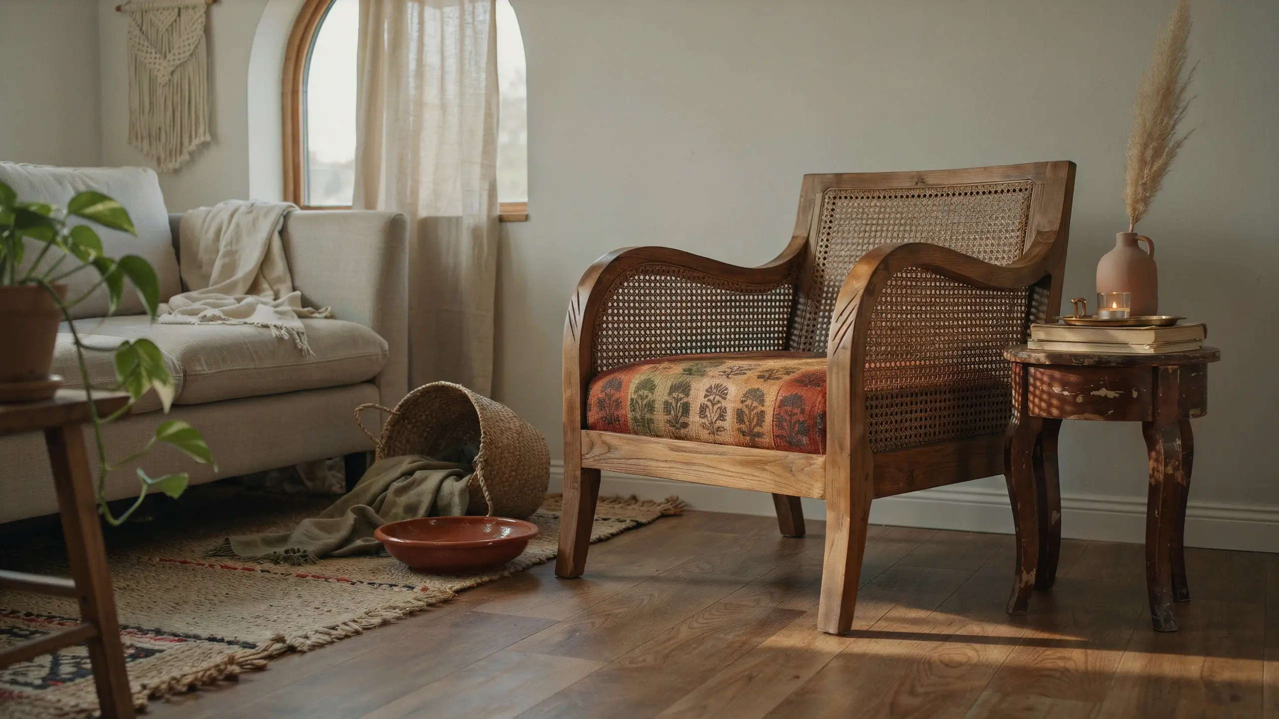 Thrifted cane armchair with a patterned cushion in a cozy boho living room
