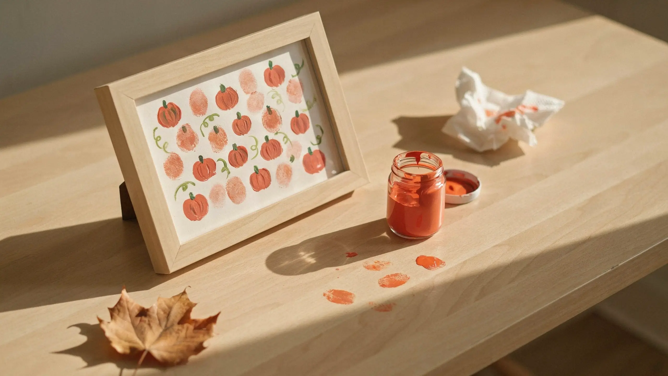 A framed child's art piece showing a fingerprint pumpkin patch craft, featuring orange thumbprint pumpkins with hand-drawn green curly vines, sitting next to an open jar of orange paint and a dried autumn leaf on a sunlit wooden table.