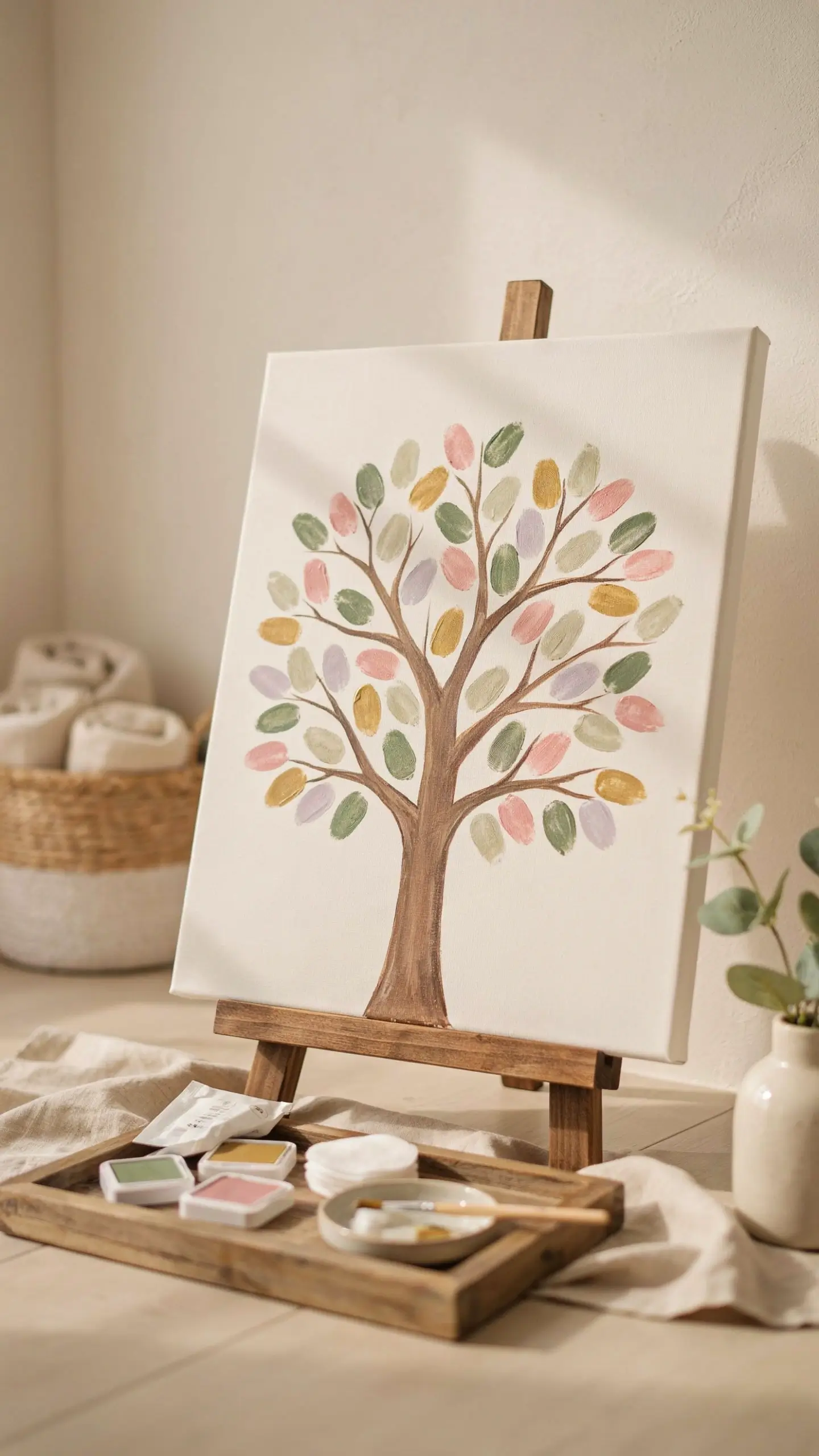 Hand-painted thumbprint tree canvas with pastel pink, green, and lavender fingerprint leaves on a wooden easel, used as a craft project or baby shower guest book alternative. 